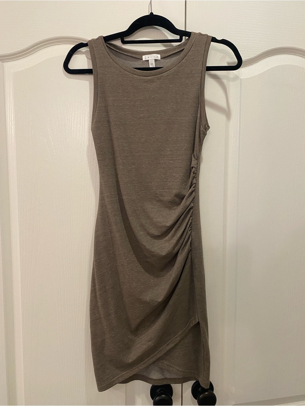 Leith Heather Taupe Brown Ruched Sleeveless Bodycon Tulip Hem Mini Dress
